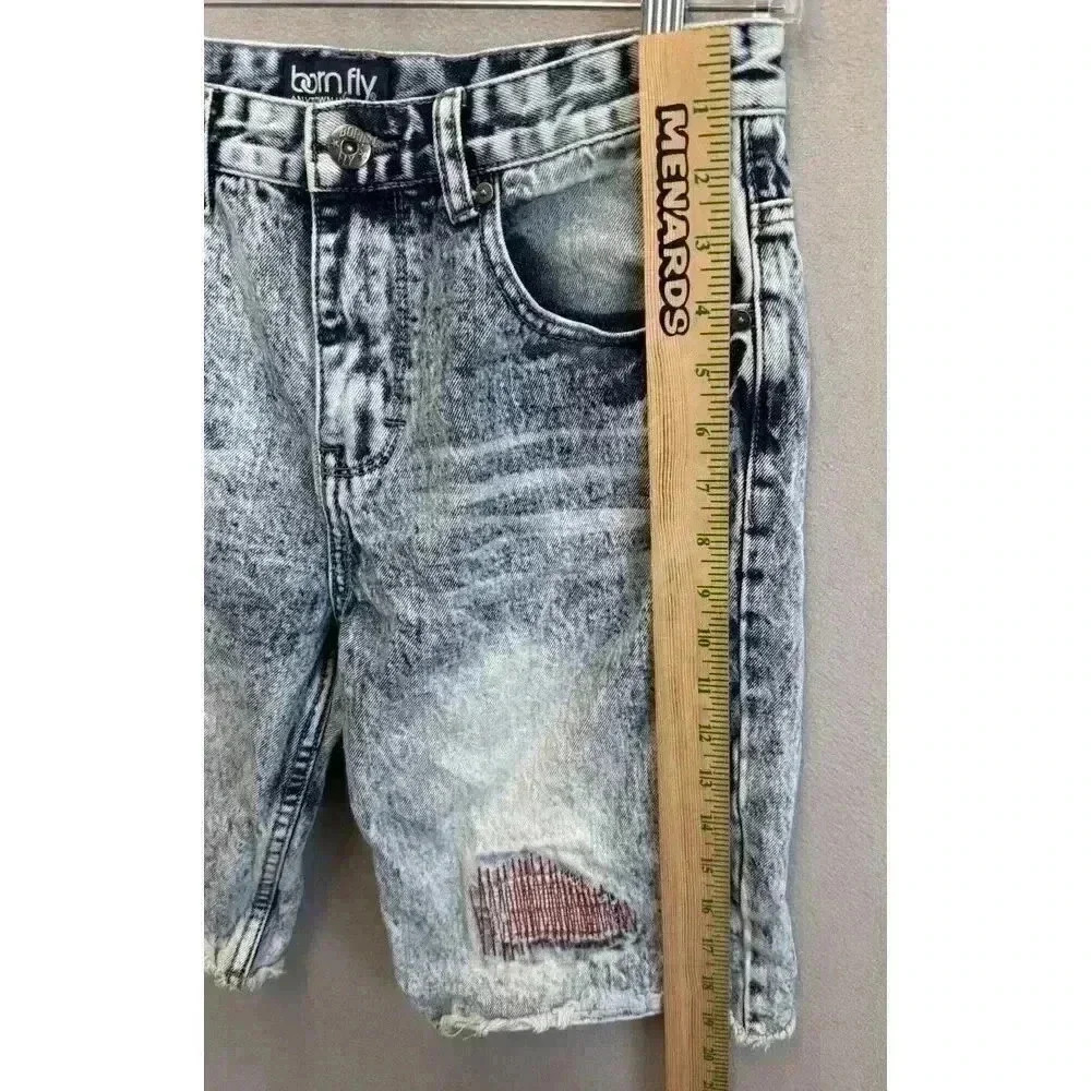 Born Fly Jean Shorts Boy's Sz 18 Blue Urban Skate Patriotic Distressed‎ Denim - Picture 4 of 8